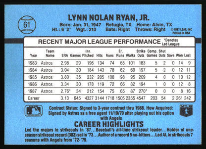 The back of a vintage blue baseball trading card featuring Lynn Nolan Ryan, Jr., with his career statistics, team highlights, and a blue border.