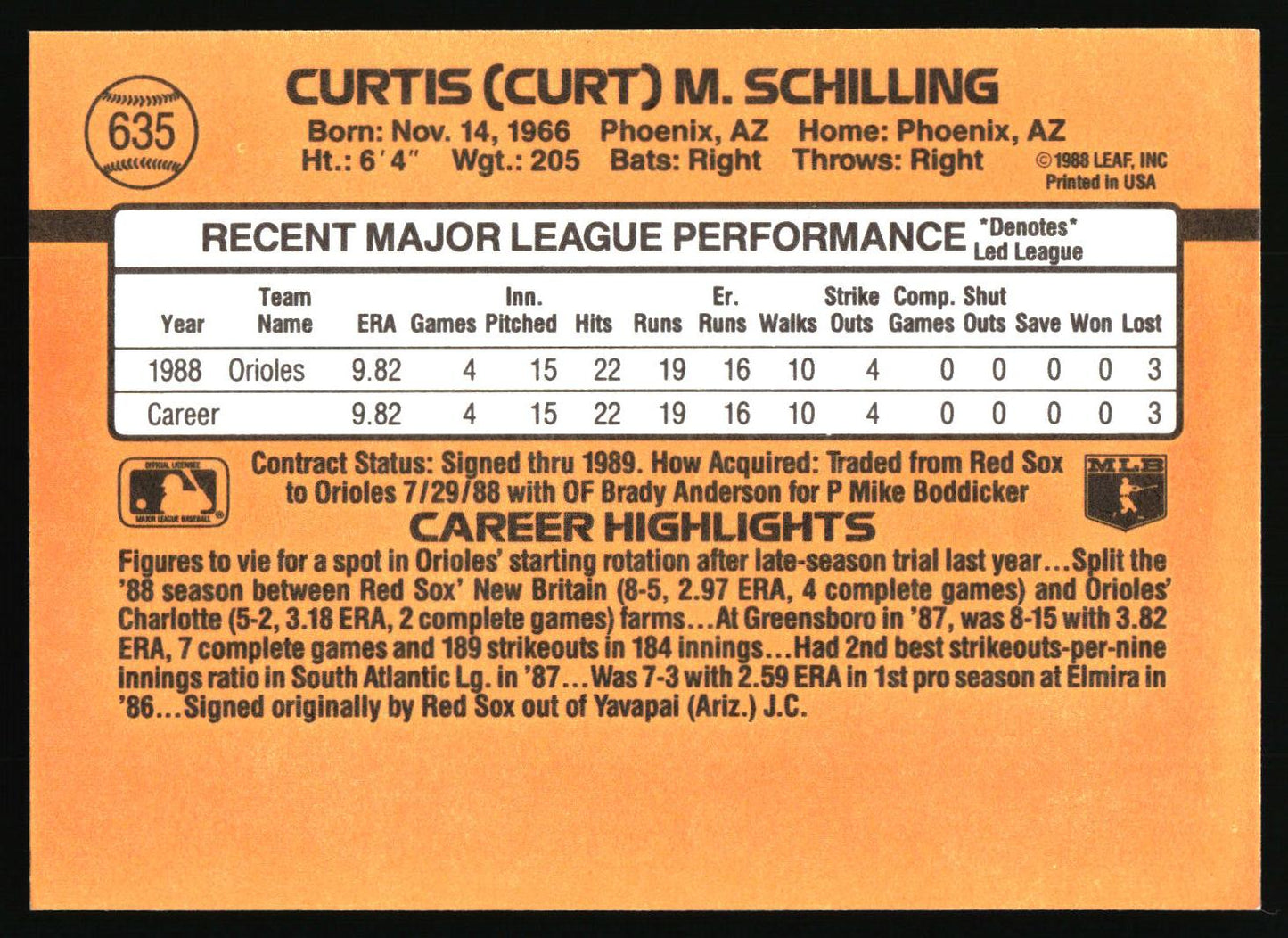 1989 Donruss #635c Curt Schilling