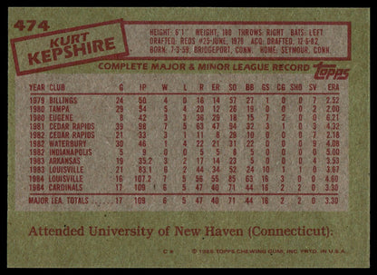 Back of a vintage 1985 Topps baseball card for Kurt Kepshire, showing his career statistics, height, weight, and attended universities on an olive green background.