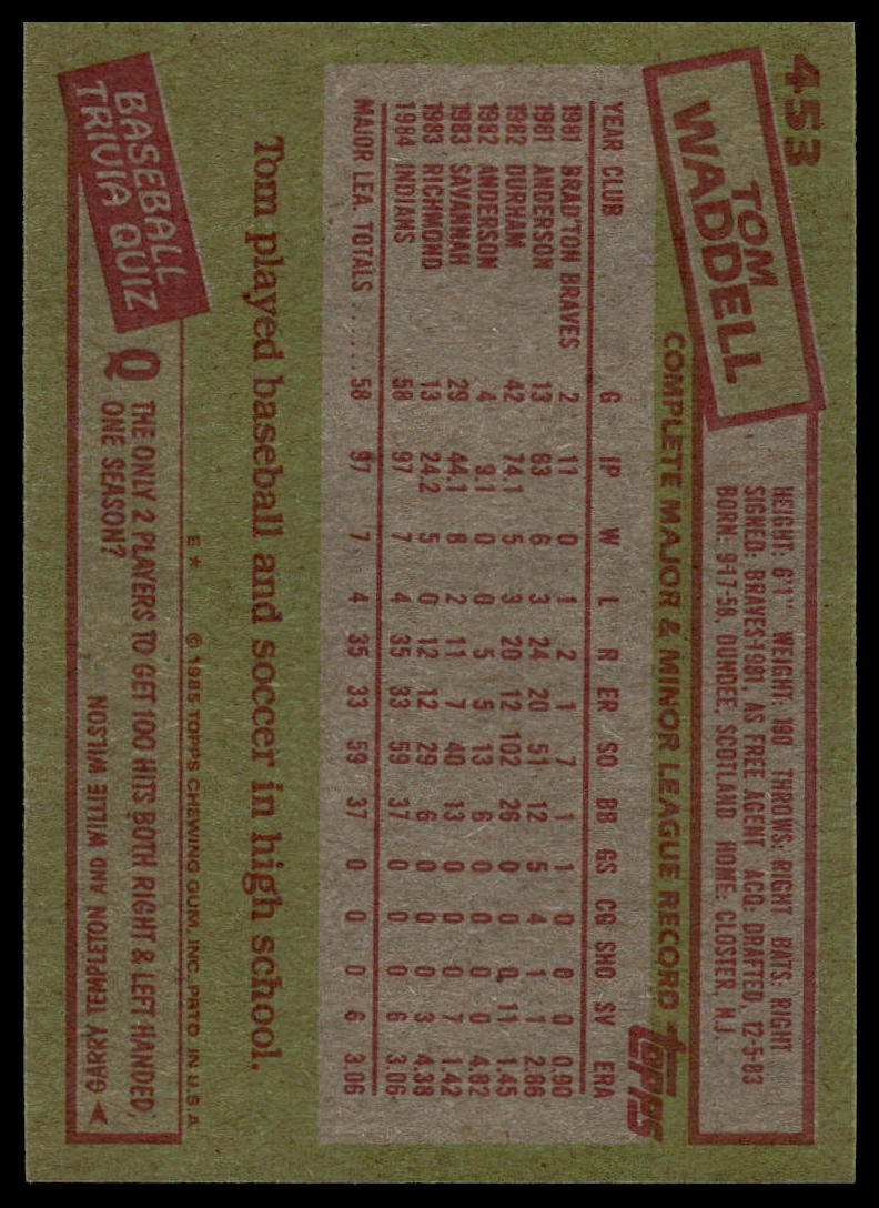 1985 Topps #453 Tom Waddell
