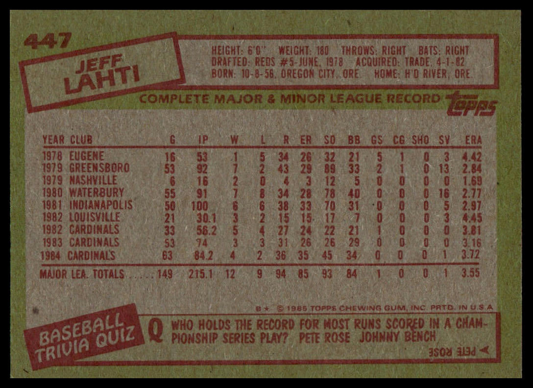 1985 Topps #447 Jeff Lahti