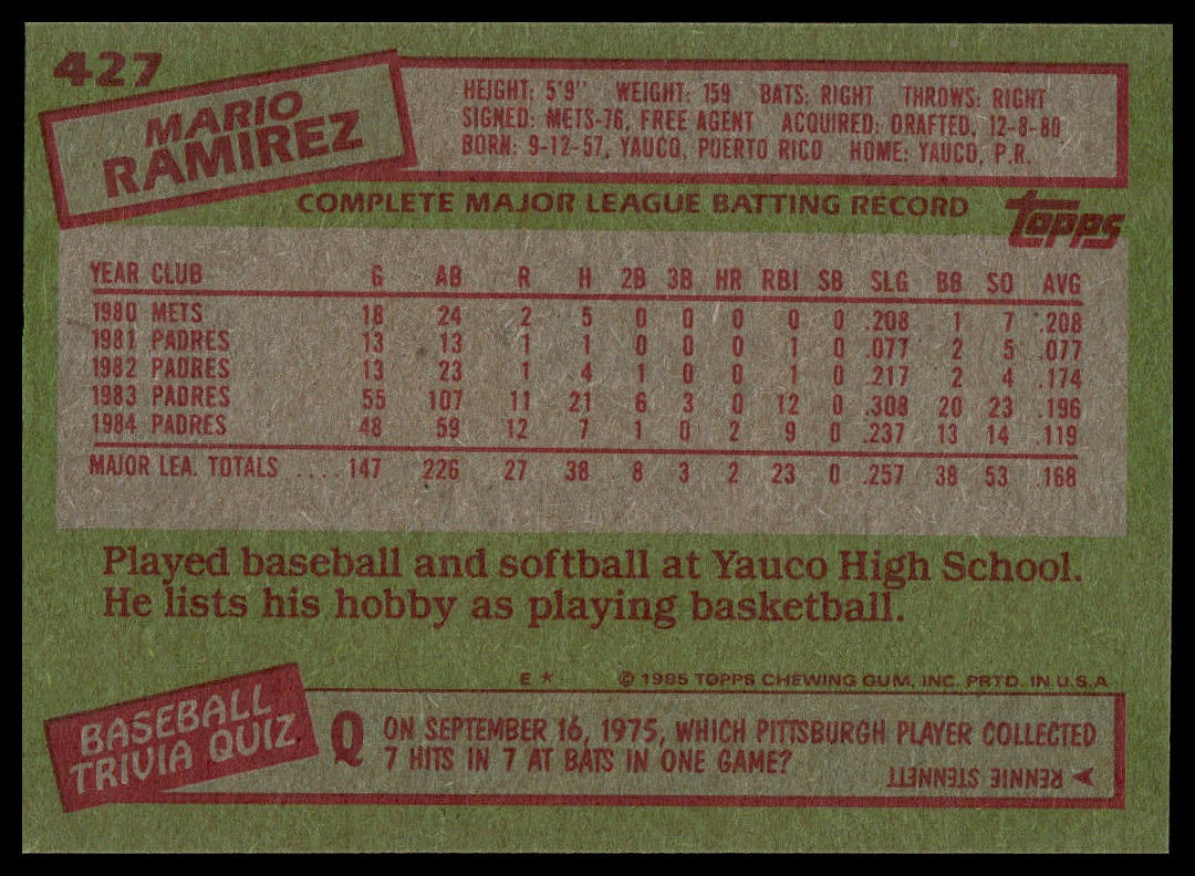 1985 Topps #427 Mario Ramirez