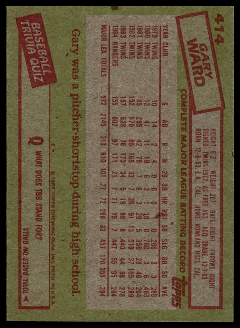 1985 Topps #414 Gary Ward