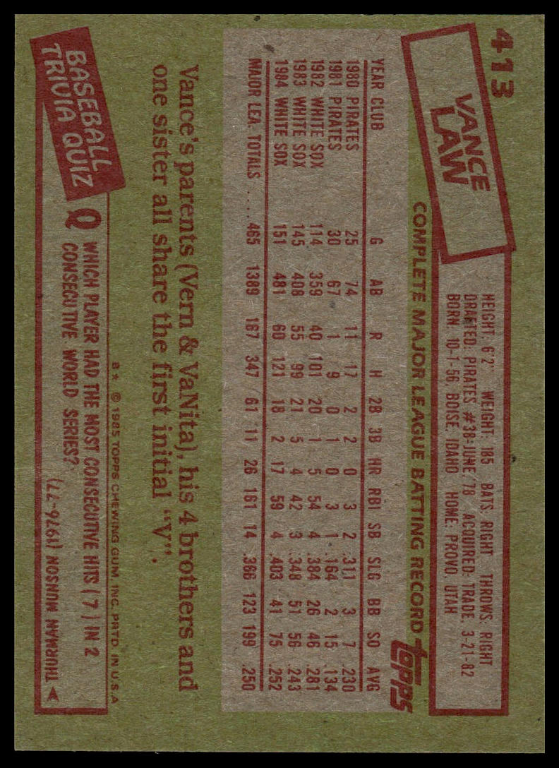 1985 Topps #413 Vance Law