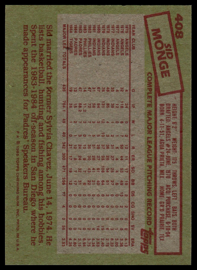 1985 Topps #408 Sid Monge