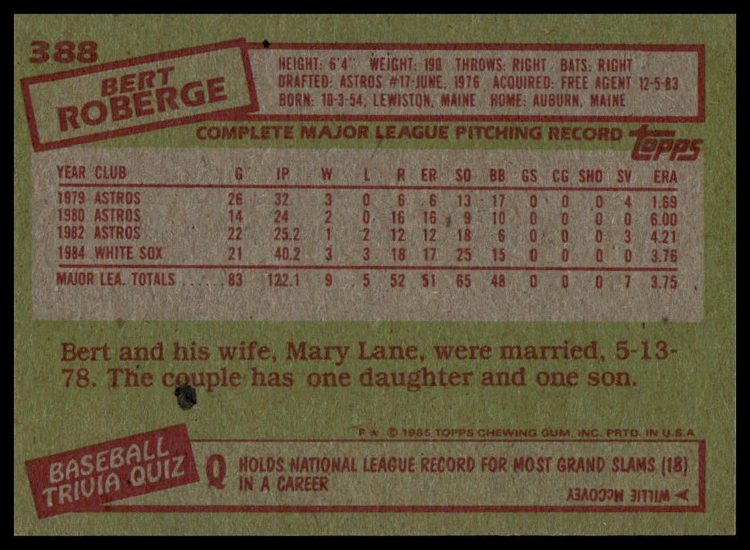 1985 Topps #388 Bert Roberge