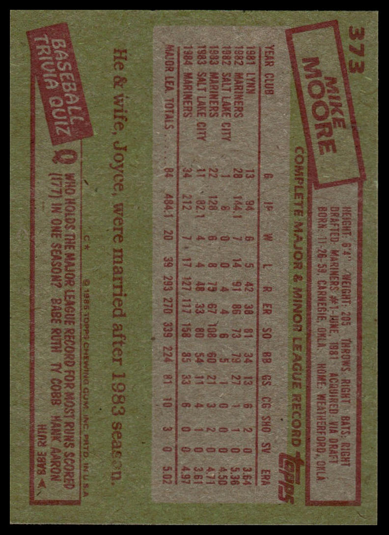 1985 Topps #373 Mike Moore