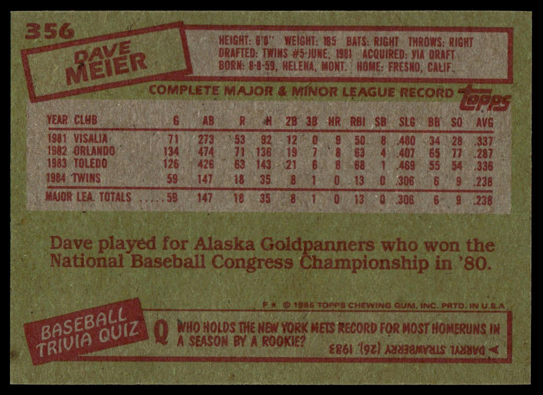1985 Topps #356 Dave Meier