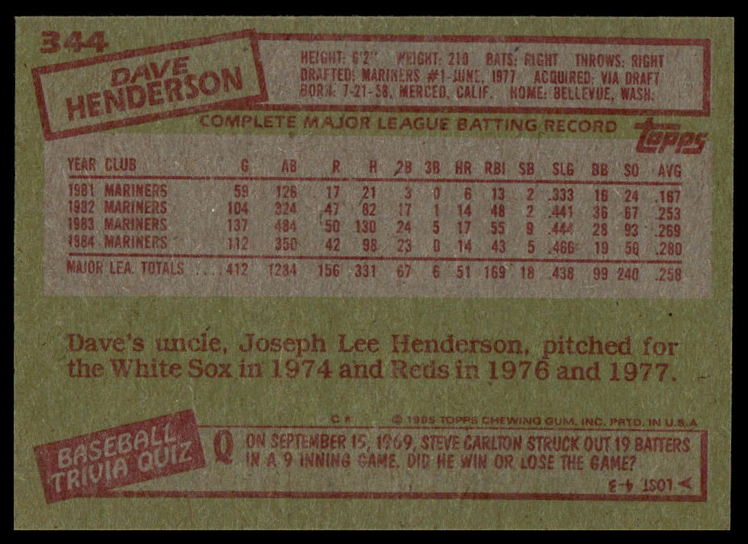 1985 Topps #344 Dave Henderson