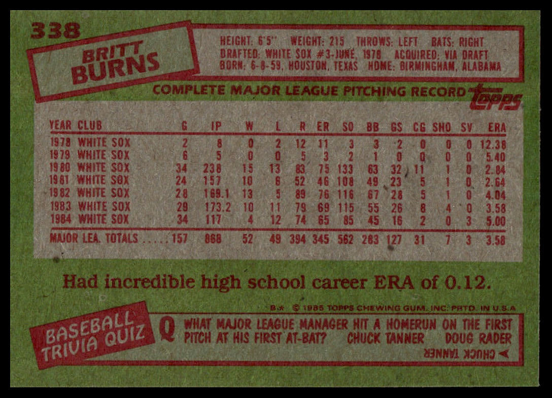 1985 Topps #338 Britt Burns
