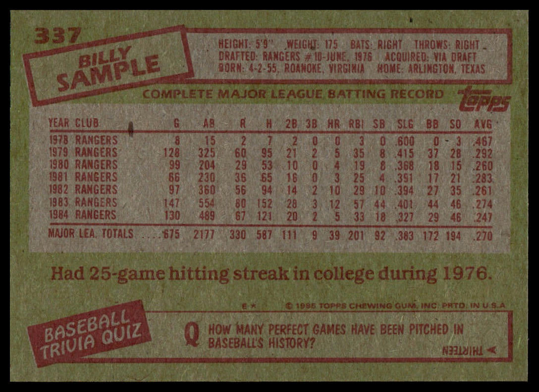 1985 Topps #337 Billy Sample