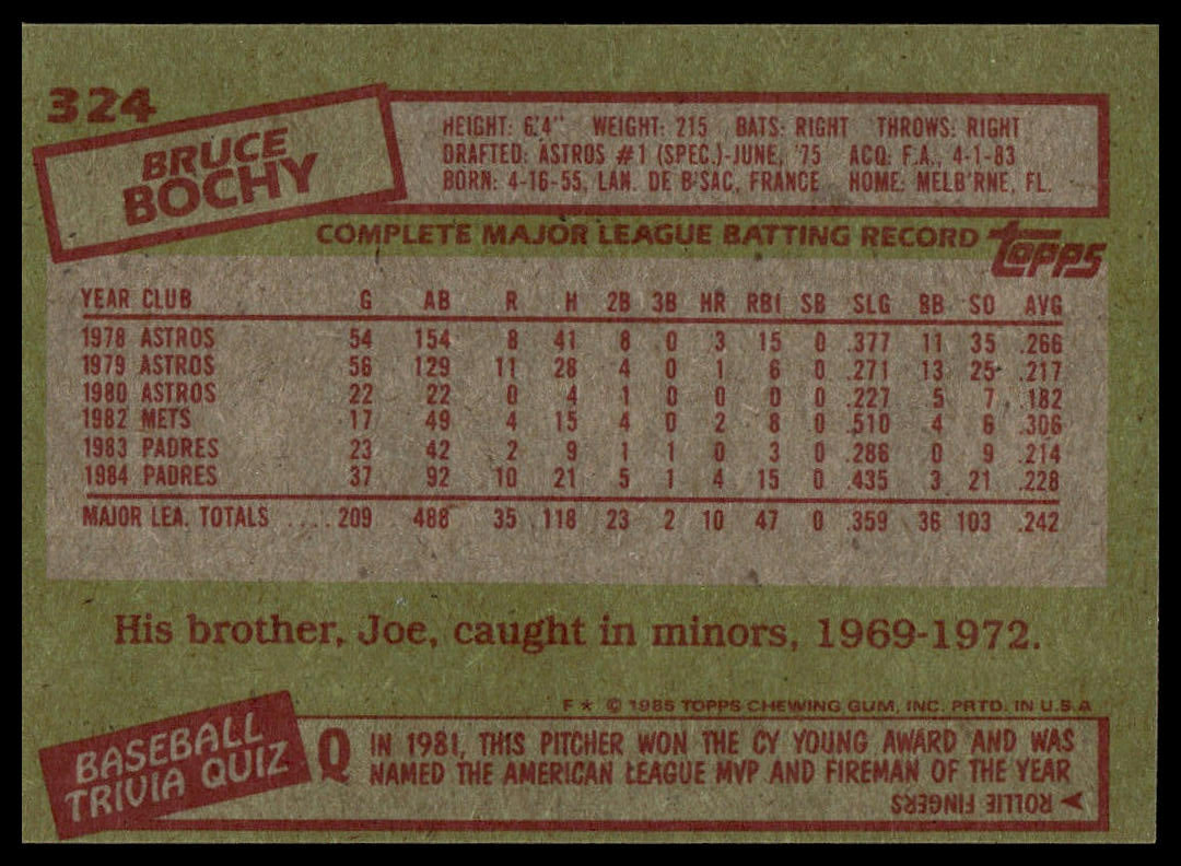 1985 Topps #324 Bruce Bochy