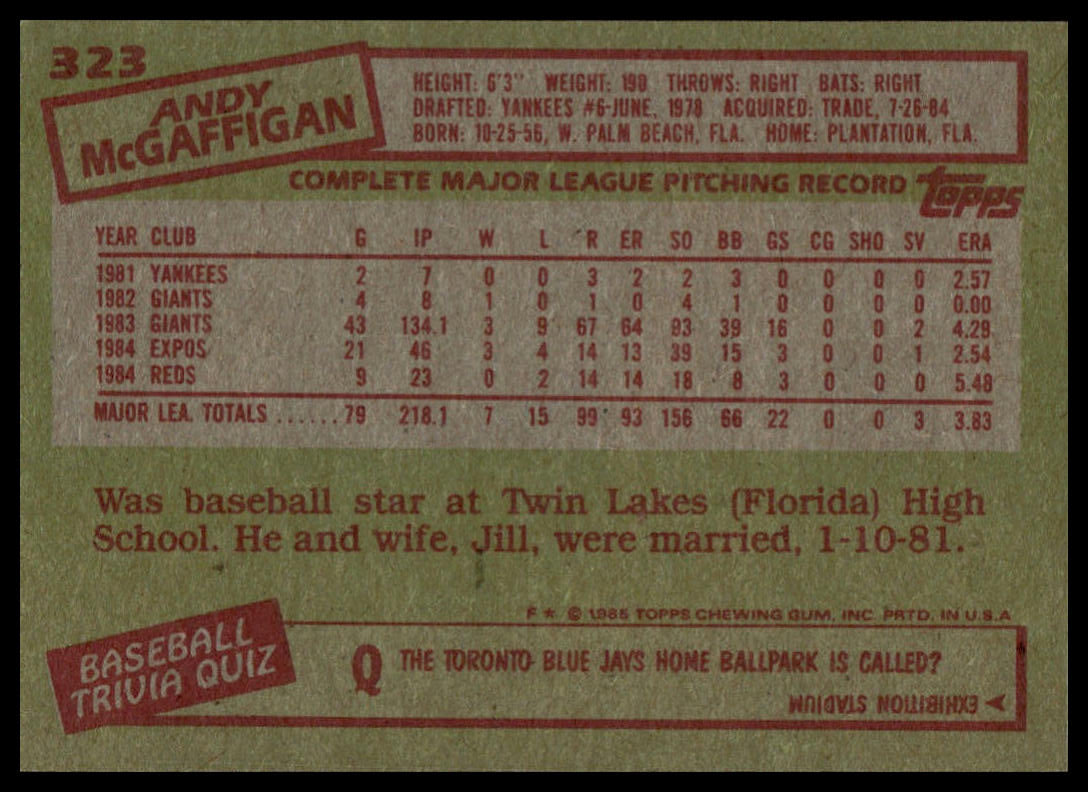 1985 Topps #323 Andy McGaffigan