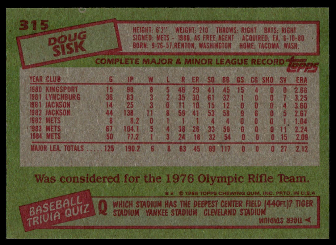 1985 Topps #315 Doug Sisk