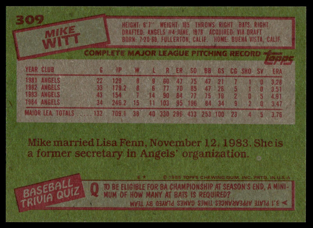 1985 Topps #309 Mike Witt
