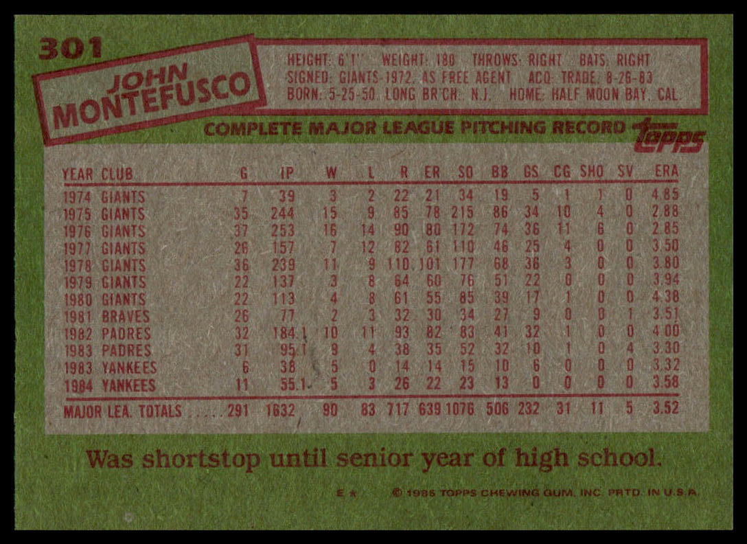 1985 Topps #301 John Montefusco