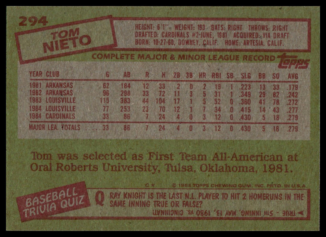 1985 Topps #294 Tom Nieto