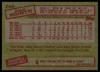 The back of a vintage 1985 baseball trading card featuring player information for Dave Righetti, with a green background, red borders, and printed text and statistics.