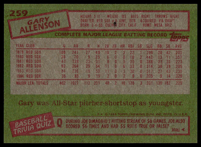 Back of a baseball trading card featuring Gary Alleson's complete major league batting record, with a green background, red border boxes, and a beige data panel.