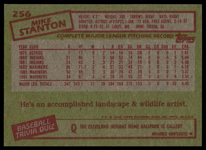 The back of a vintage 1985 Topps baseball trading card featuring Mike Stanton, showing his career statistics, a trivia question, and a green background.