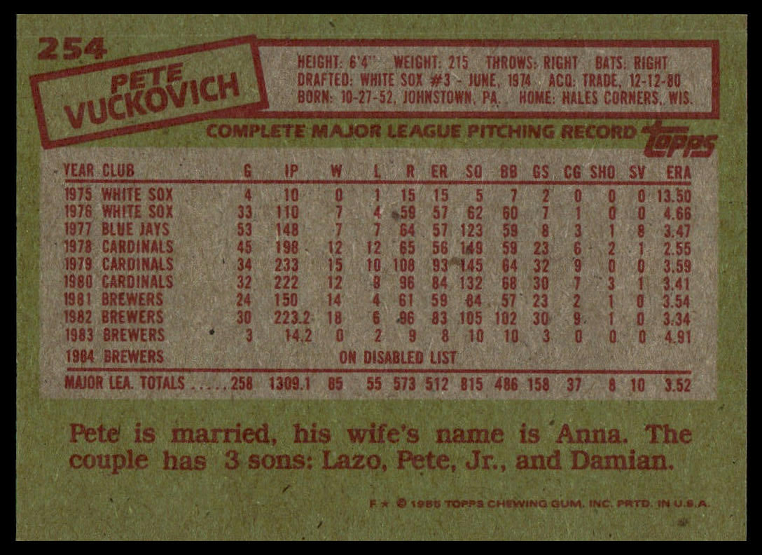 The back of a vintage 1985 Pete Vuckovich baseball trading card, showing printed player statistics and biographical text on a tan background with red and black text.