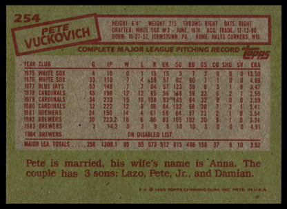 The back of a vintage 1985 Pete Vuckovich baseball trading card, showing printed player statistics and biographical text on a tan background with red and black text.