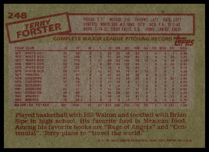 The back of a vintage 1985 Topps baseball card, number 248, featuring Terry Forster. The card has a tan background with red and black text and data tables.