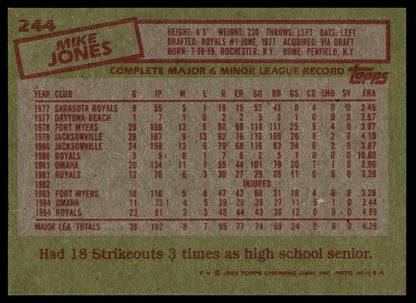 The back of a vintage Mike Jones baseball trading card, showing printed statistics and a red stamp graphic on an olive green background.