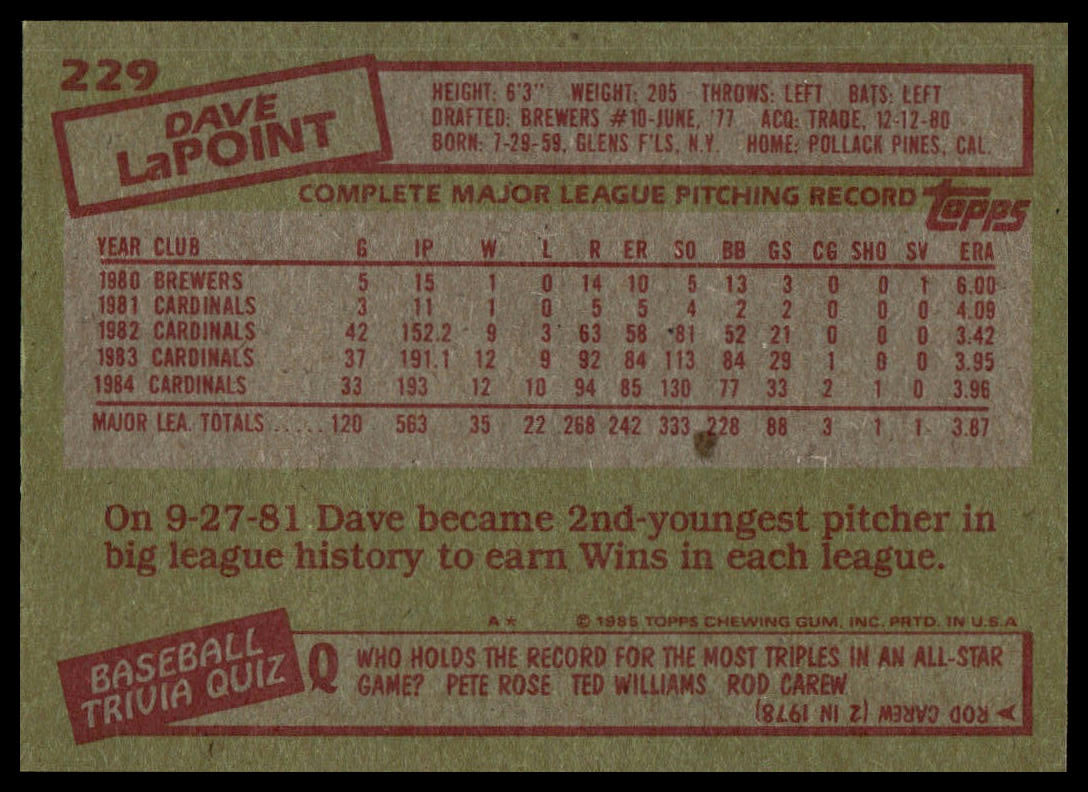 1985 Topps #229 Dave LaPoint