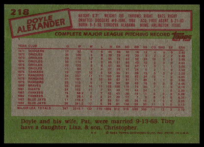 1985 Topps #218 Doyle Alexander