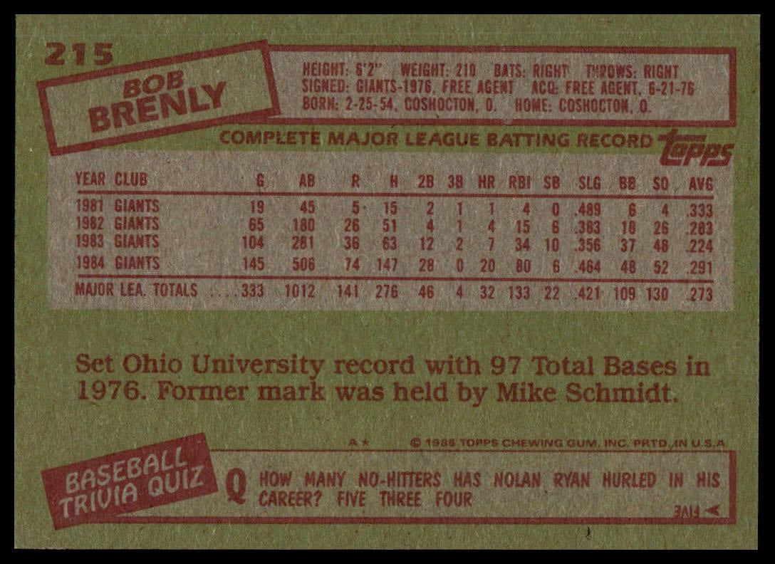 1985 Topps #215 Bob Brenly