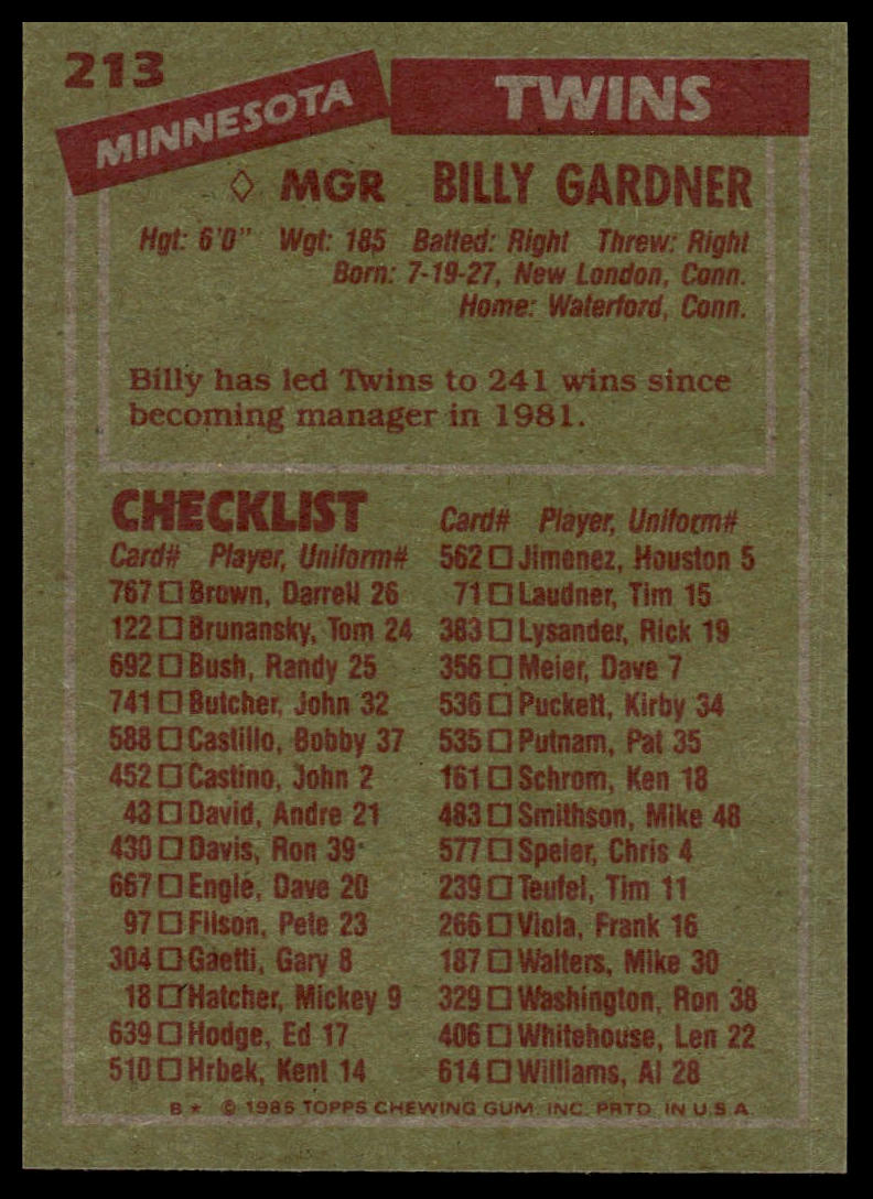 1985 Topps #213 Billy Gardner