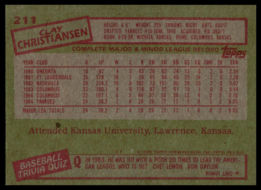 1985 Topps #211 Clay Christiansen