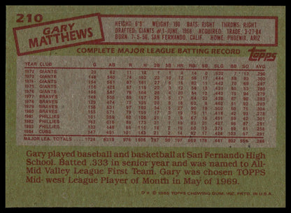 1985 Topps #210 Gary Matthews