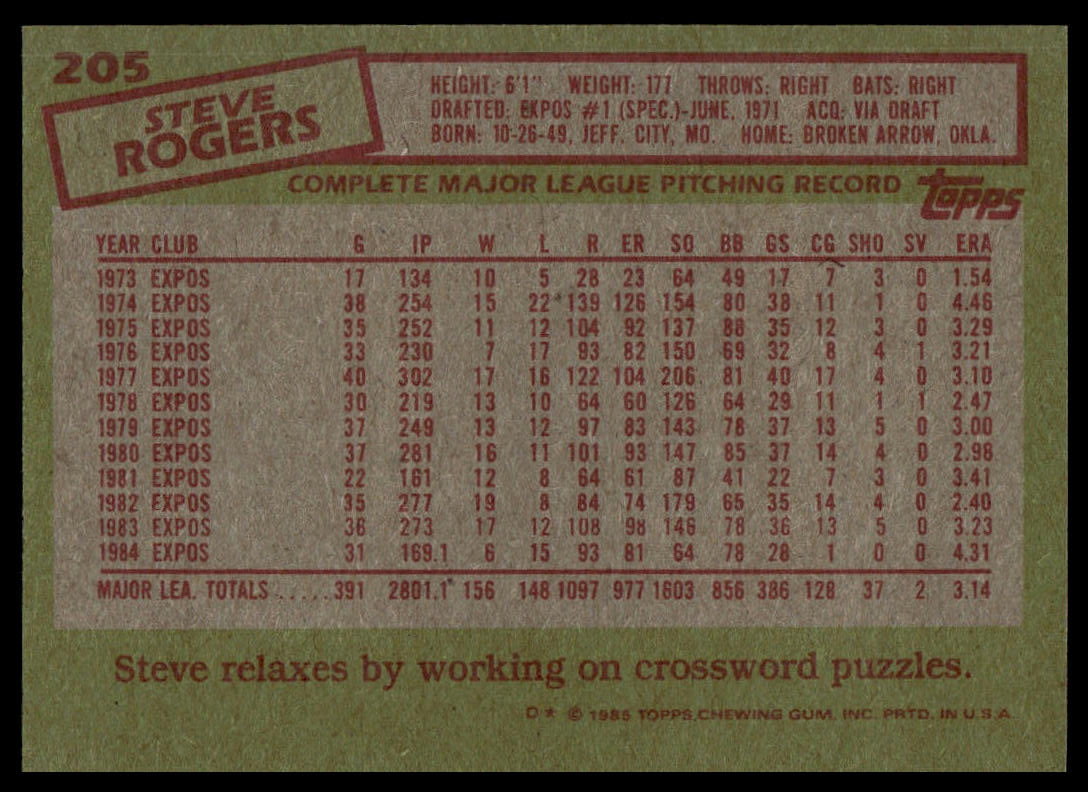 1985 Topps #205 Steve Rogers