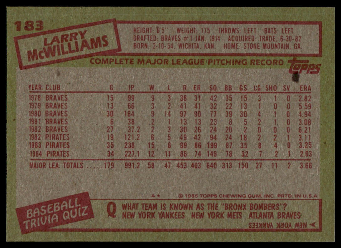 1985 Topps #183 Larry McWilliams