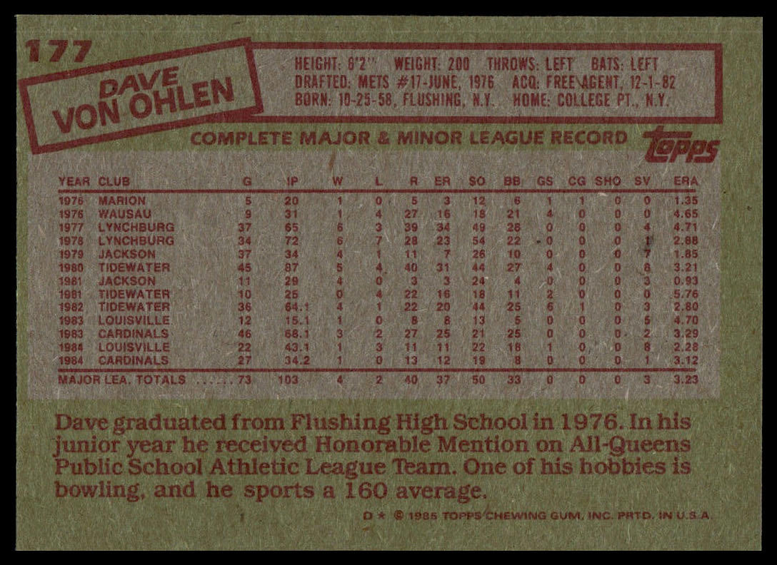 1985 Topps #177 Dave Von Ohlen