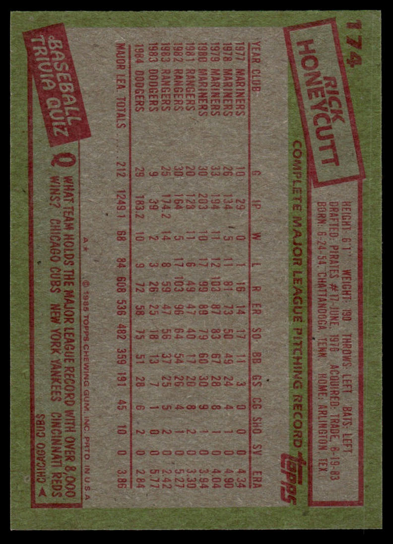 1985 Topps #174 Rick Honeycutt