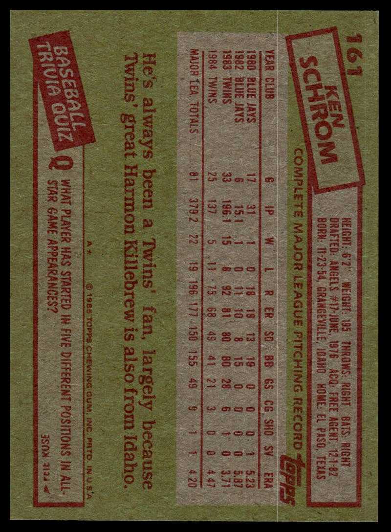 1985 Topps #161 Ken Schrom