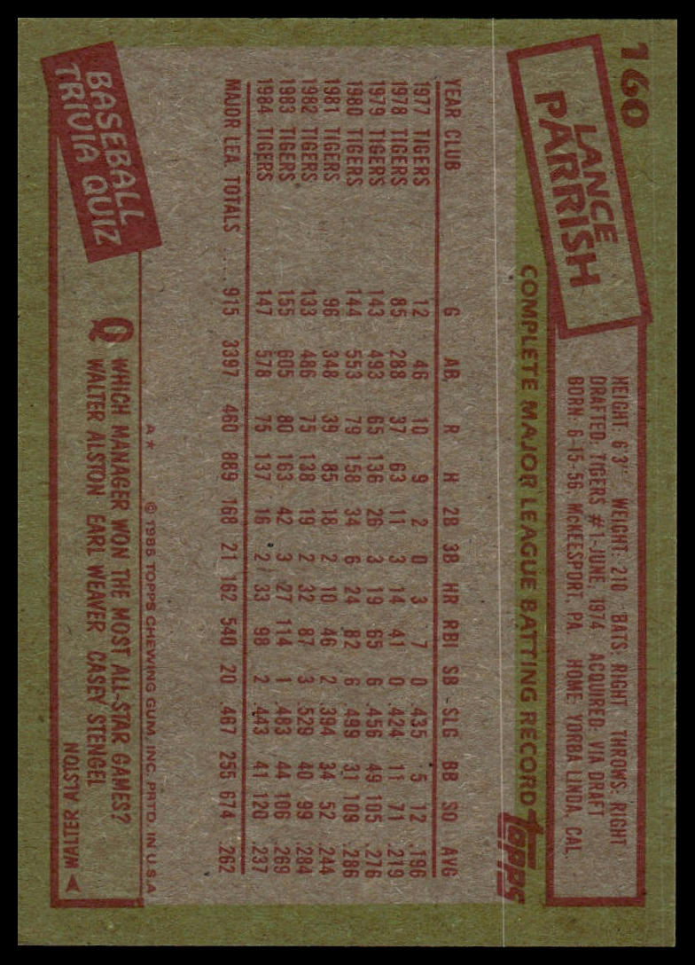 1985 Topps #160 Lance Parrish