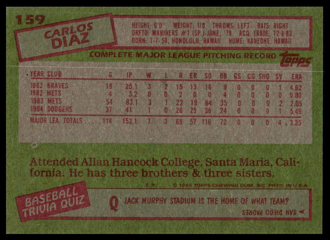 1985 Topps #159 Carlos Diaz
