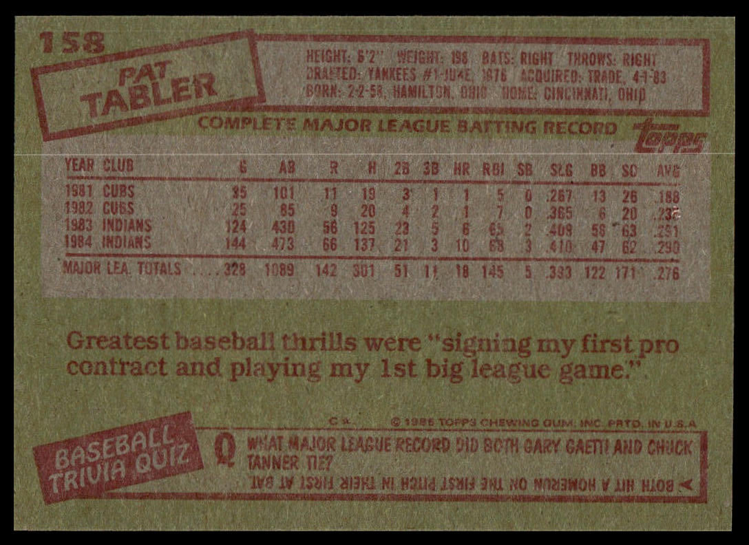 1985 Topps #158 Pat Tabler