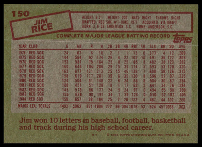 The back of a vintage Jim Rice baseball trading card, showing player statistics and a red border on a tan background.