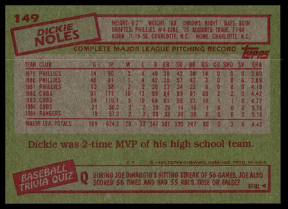 A vintage 1985 Topps baseball trading card back featuring Dickie Noles, with a green background, red and white text boxes, and a central player stats table.