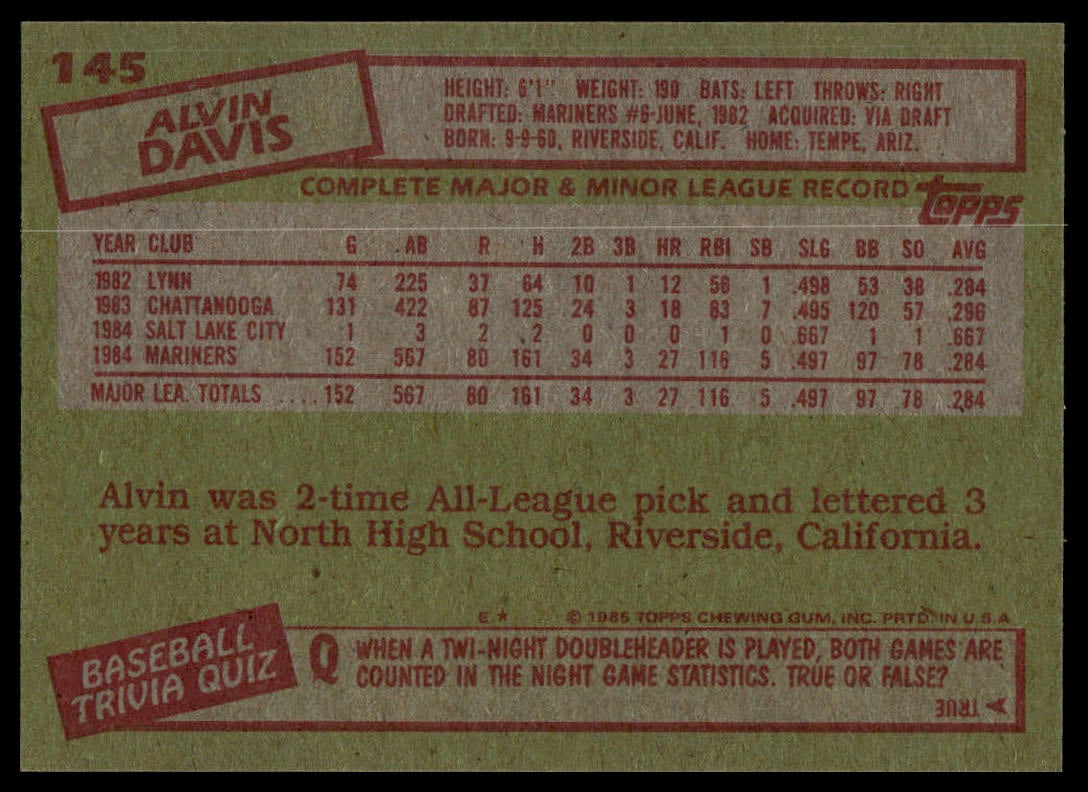 Back of a vintage baseball trading card featuring player information for Alvin Davis, with red headers, red text, and a green background.
