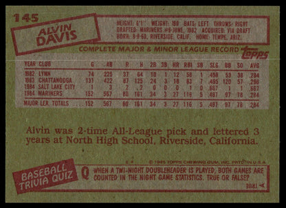 Back of a vintage baseball trading card featuring player information for Alvin Davis, with red headers, red text, and a green background.
