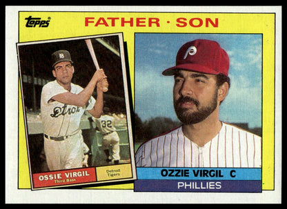 A vintage Topps baseball trading card featuring Ozzie Virgil, with a yellow border, a photo of him batting on top, and a close-up portrait of him wearing a red cap below. The card includes the text 'FATHER SON' and 'Topps'.