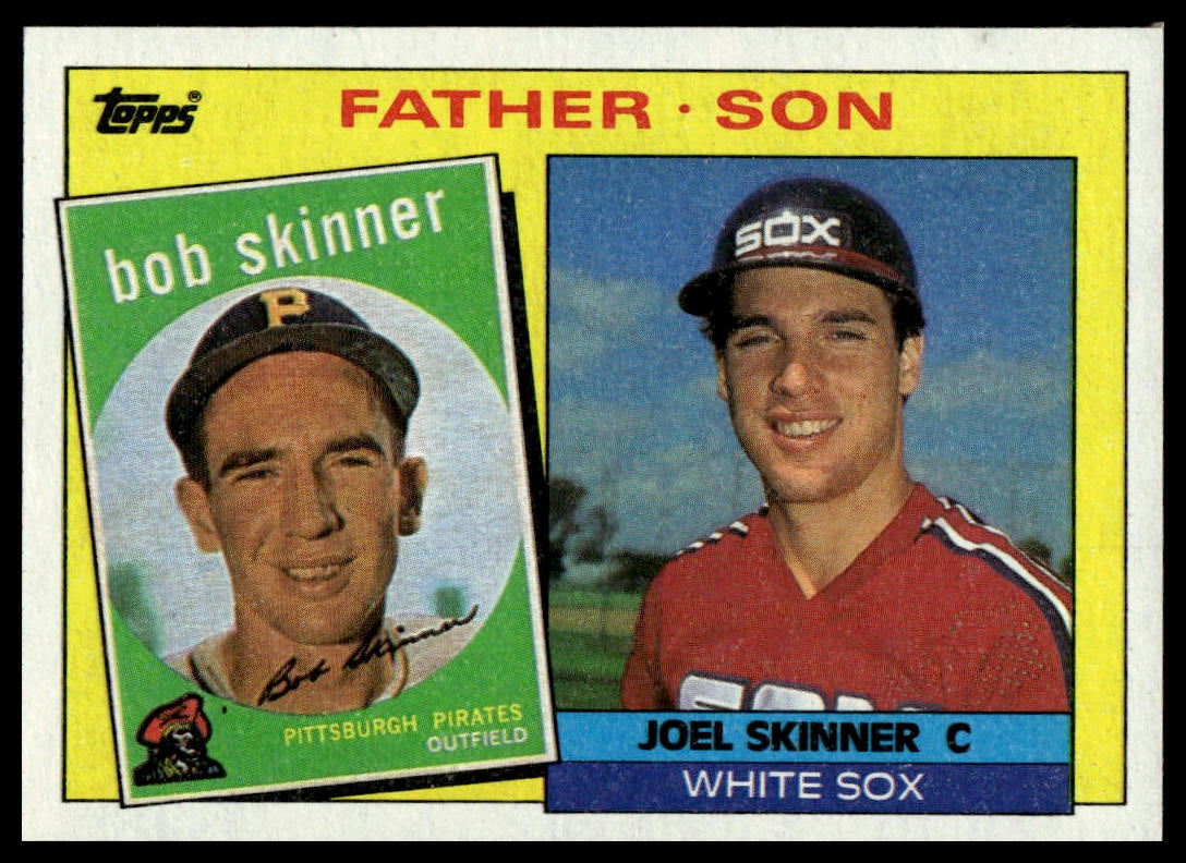 A vintage Topps baseball trading card featuring portraits of Bob Skinner and Joel Skinner C, with the text 'FATHER - SON' and 'WHITE SOX' on a yellow card border.