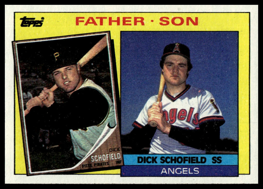 A vintage baseball trading card featuring Dick Schofield, with two portrait photos and bold yellow, blue, red, and black design elements. The card includes the text 'FATHER SON' and 'DICK SCHOFIELD SS'.