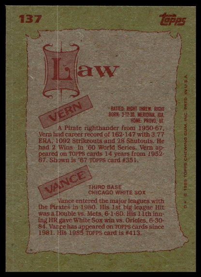 1985 Topps #137 Vern Law / Vance Law F&S
